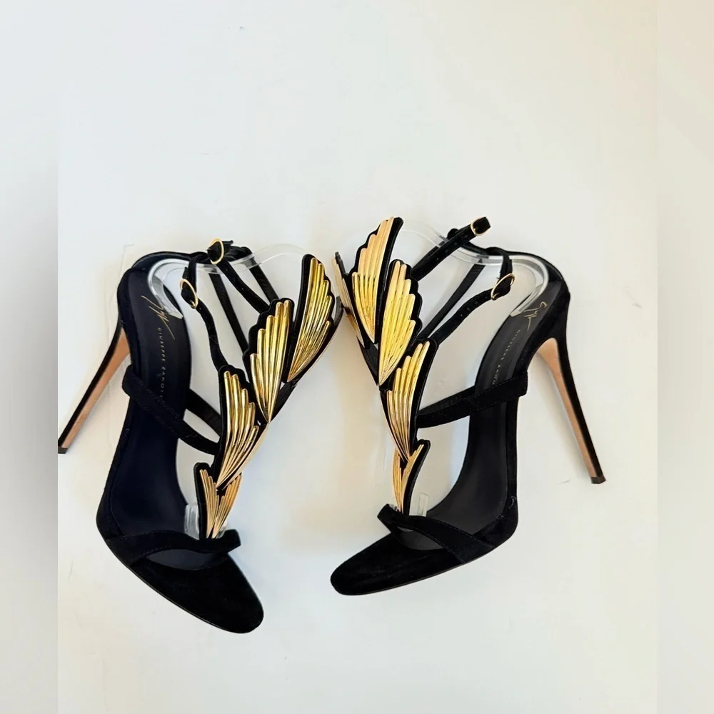 Giuseppe Zannoti Black Suede Leather Gold Wings Cruel 2.0 High Heel Sandals EU41